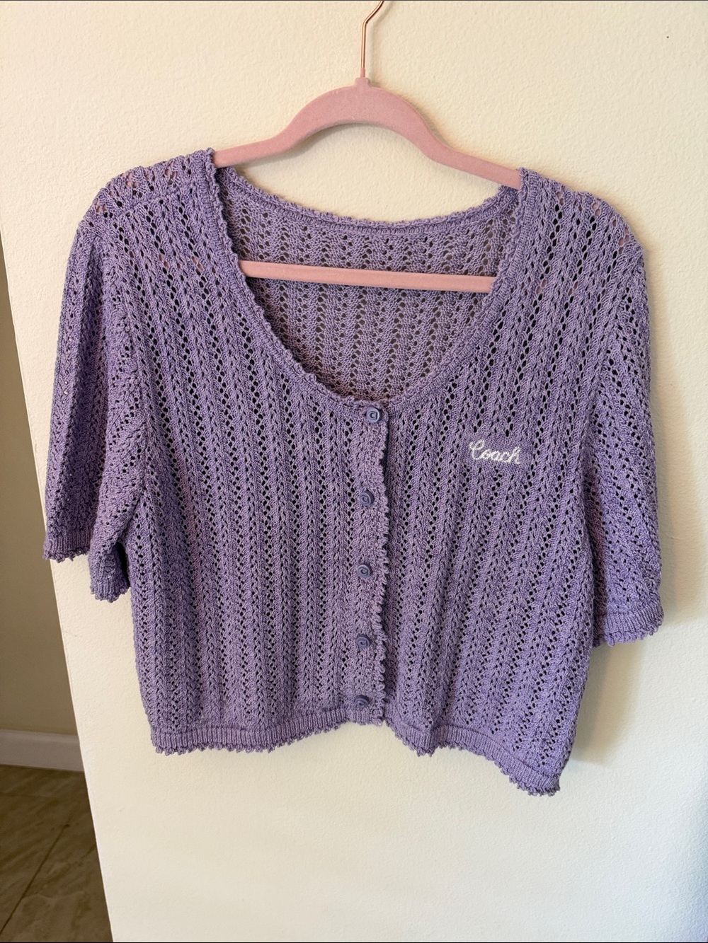 Coach lilac purple Cropped open Knit swoop neck cotton cardigan sweater top XL